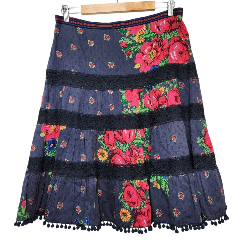Free People Size 8 Vtg Y2K Floral Lace Gypsy Boho Hippie Whimsy Fairy Midi Skirt